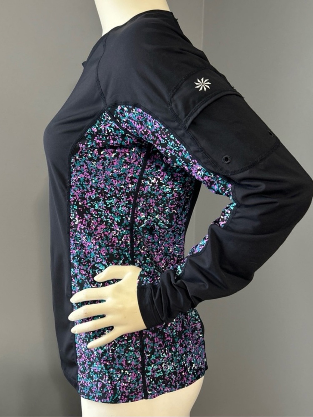 Athleta Black Pullover Shirt with Purple and Mint Speckle Confetti Panels